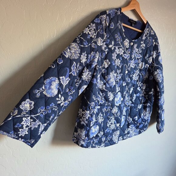 Talbots Jacobean Quilted Jacket Blue Women's XL Snap Button Round Neck Cottage - Picture 5 of 9